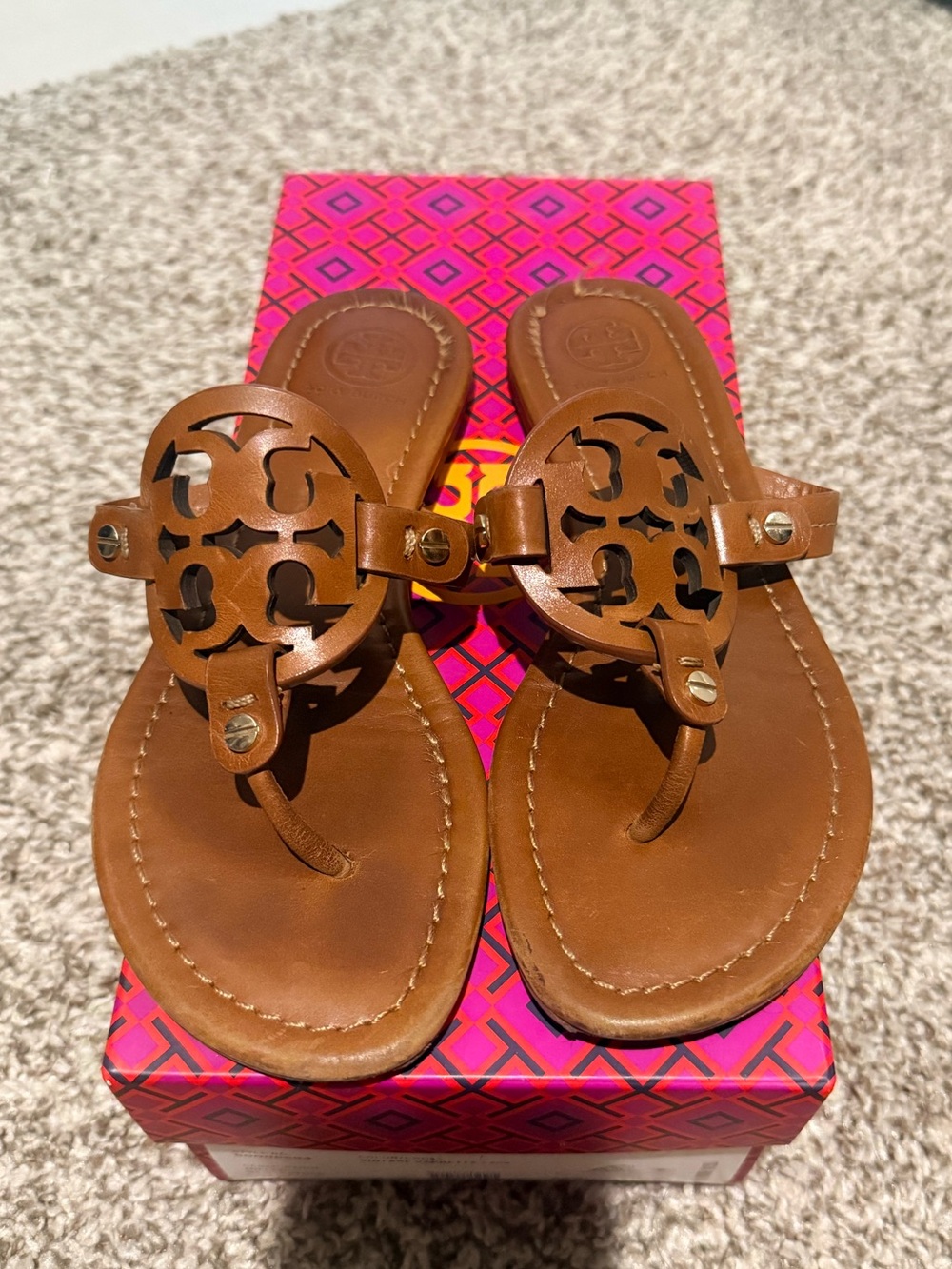 Tory Burch Brown Miller Leather Logo Thong Sandals